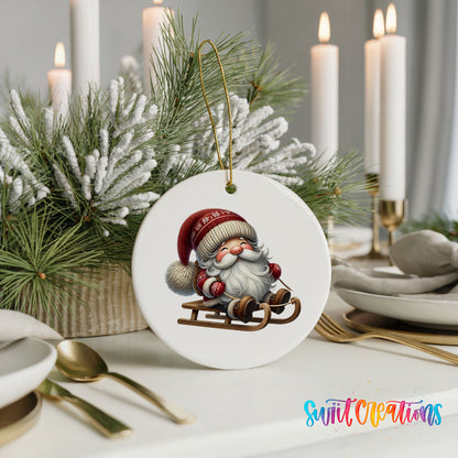 Sleeping Santa on a sled ceramic Christmas ornament displayed with elegant holiday table decor