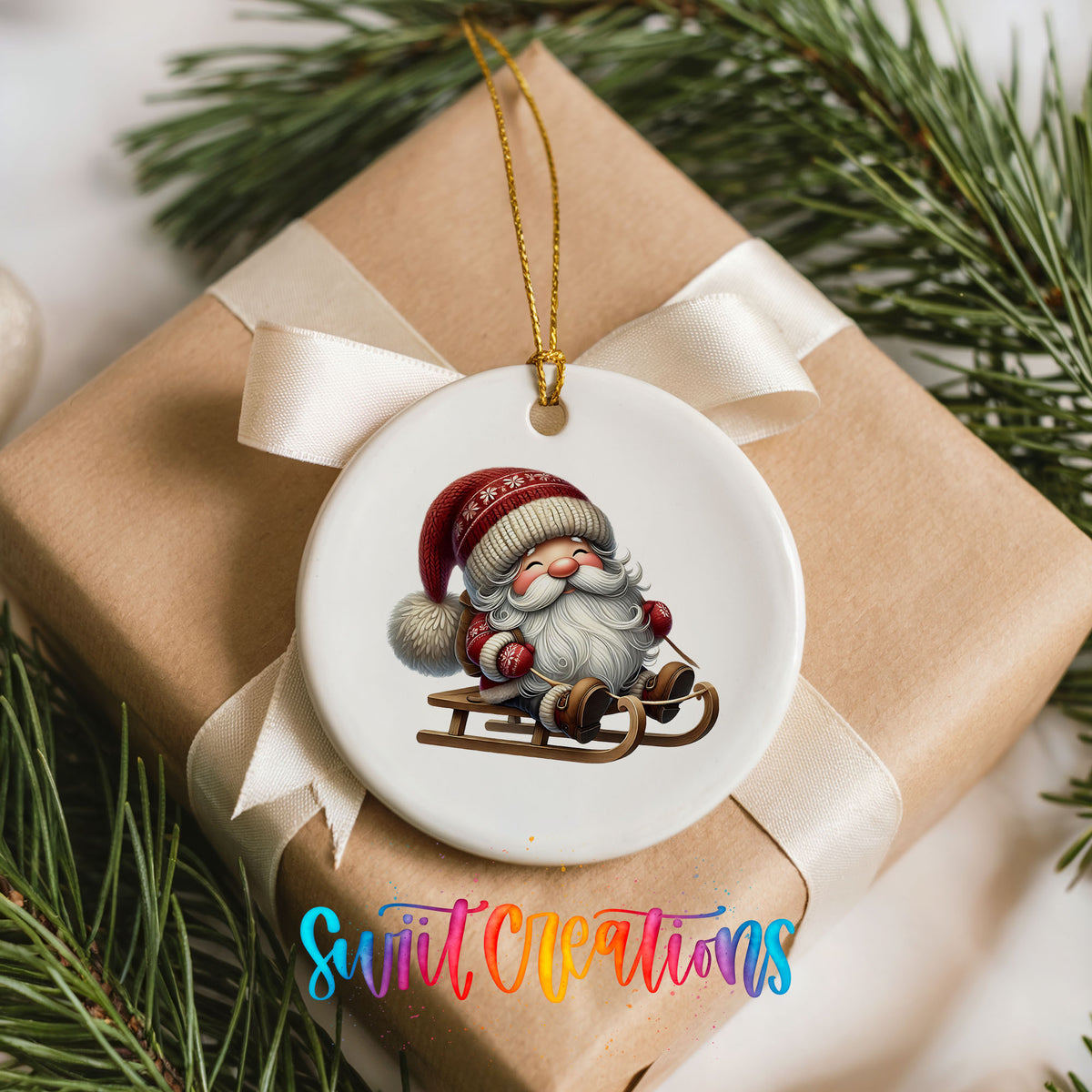 Sleeping Santa on a sled ceramic Christmas ornament arranged on a wrapped Christmas gift