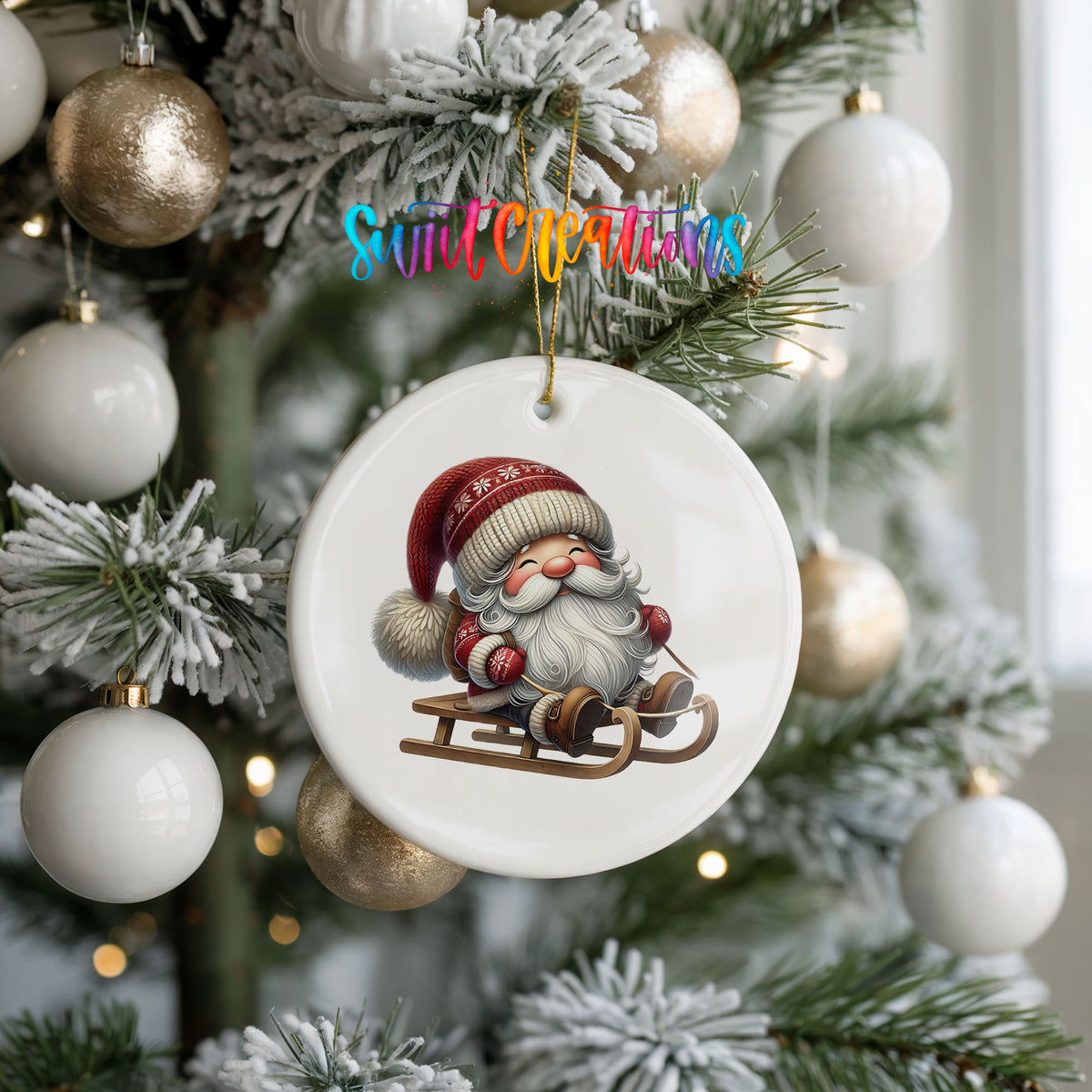 Sleeping Santa on a sled ceramic Christmas ornament hanging on a frosted holiday tree