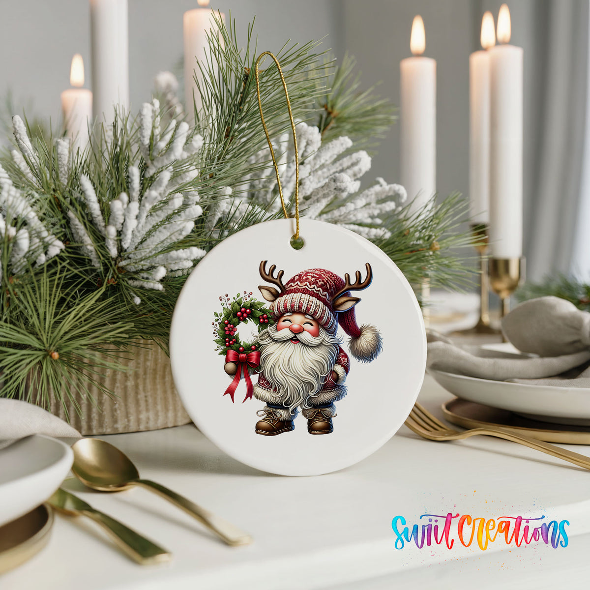 Cozy Santa holding a Christmas wreath ceramic ornament displayed with elegant holiday table decor
