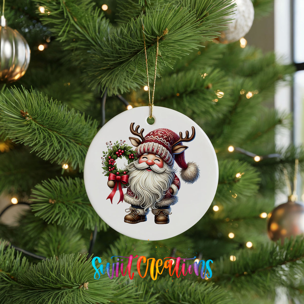 Cozy Santa holding a Christmas wreath ceramic ornament hanging on a green Christmas tree