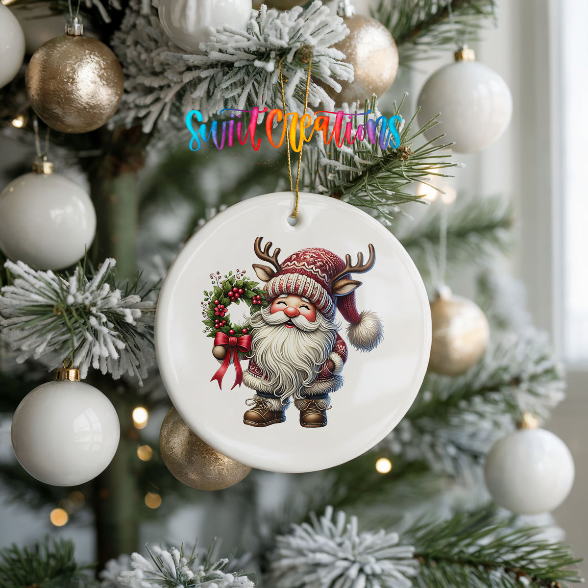 Cozy Santa holding a Christmas wreath ceramic ornament hanging on a frosted holiday tree