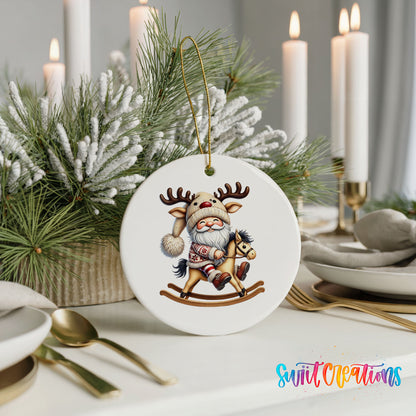 Whimsical Santa riding a rocking horse ceramic Christmas ornament displayed with elegant holiday table decor