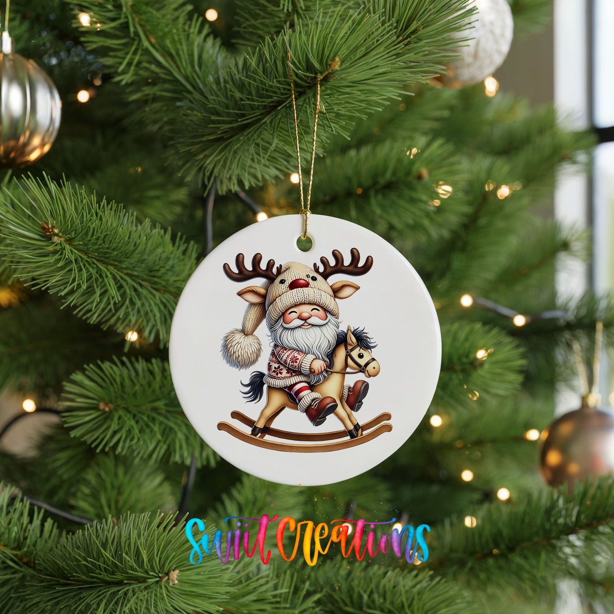 Whimsical Santa riding a rocking horse ceramic Christmas ornament hanging on a green Christmas tree