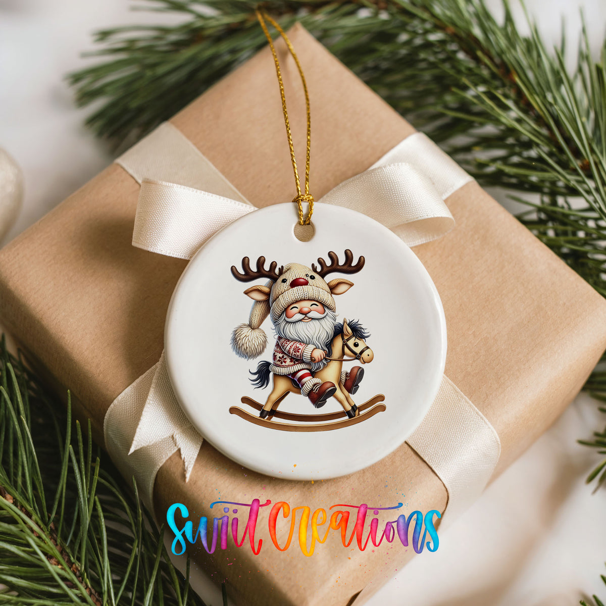 Whimsical Santa riding a rocking horse ceramic Christmas ornament arranged on a wrapped Christmas gift