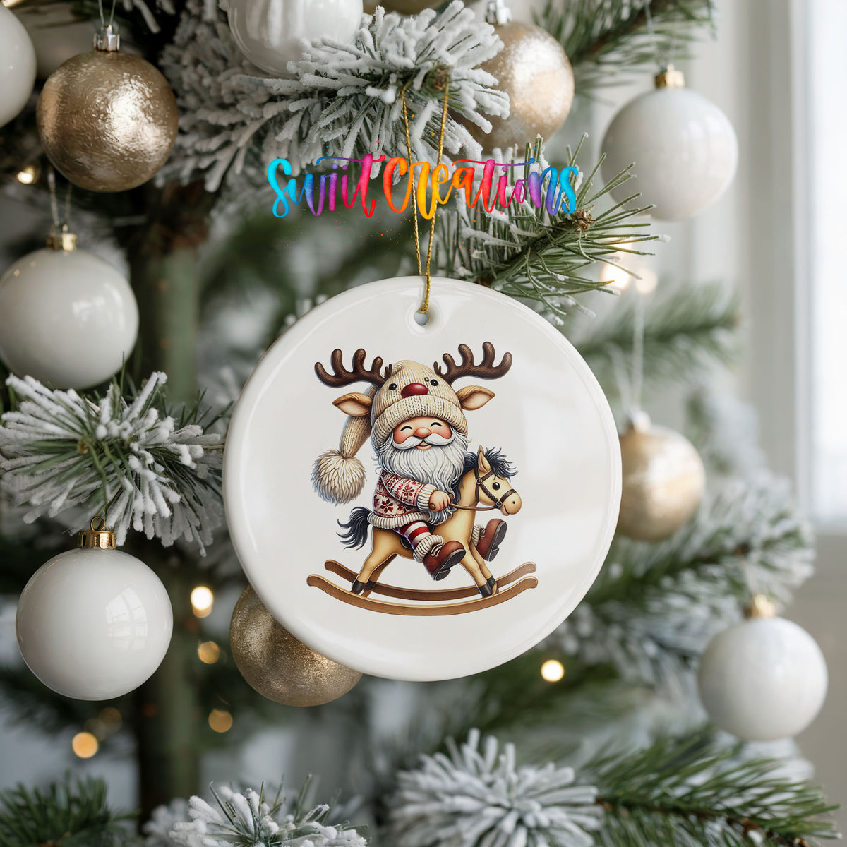 Whimsical Santa riding a rocking horse ceramic Christmas ornament hanging on a frosted holiday tree