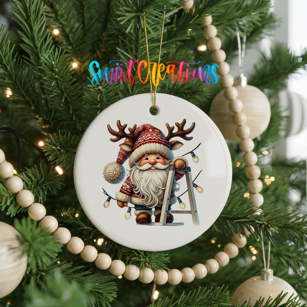 Santa decorating Christmas lights ceramic ornament hanging on a decorated Christmas tree