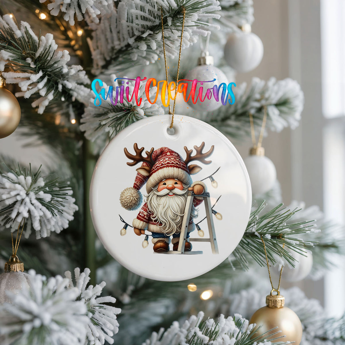 Santa decorating Christmas lights ceramic ornament hanging on a frosted Christmas tree