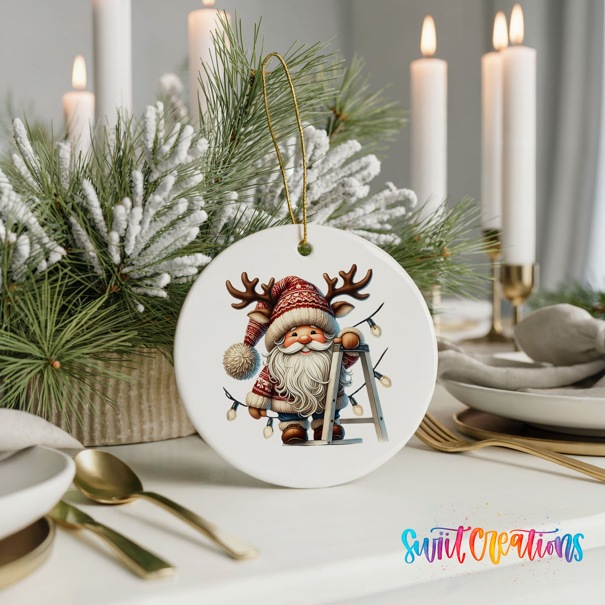 Santa decorating Christmas lights ceramic ornament displayed with elegant holiday table decor