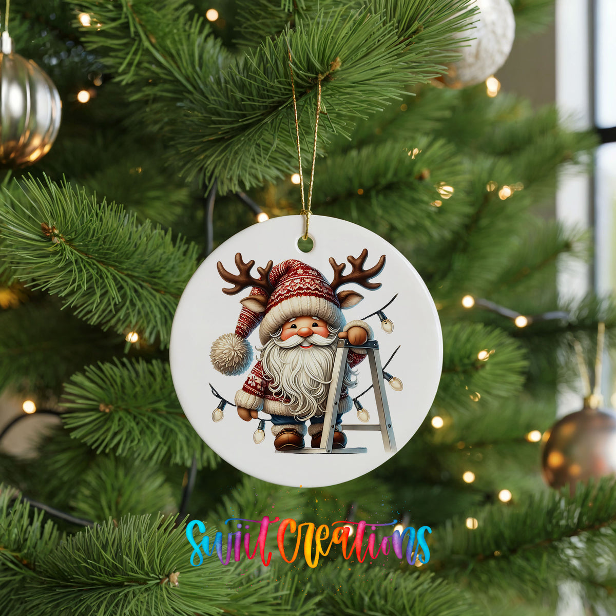 Santa decorating Christmas lights ceramic ornament hanging on a green Christmas tree