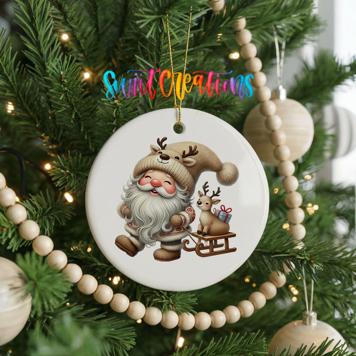Santa pulling a reindeer sled ceramic Christmas ornament hanging on a decorated Christmas tree