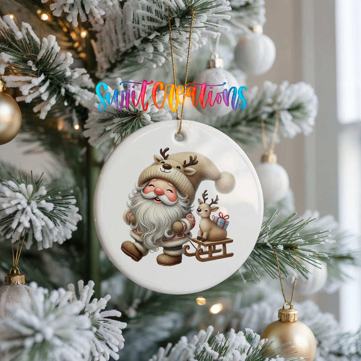 Santa pulling a reindeer sled ceramic Christmas ornament hanging on a frosted Christmas tree