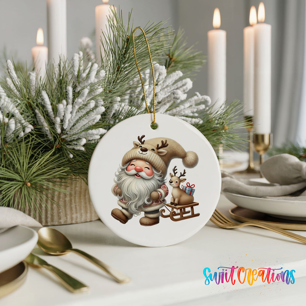 Santa pulling a reindeer sled ceramic Christmas ornament displayed with elegant holiday table decor