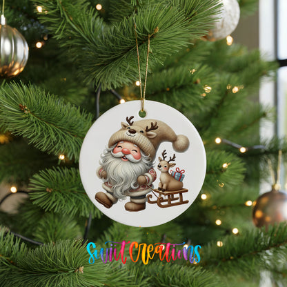 Santa pulling a reindeer sled ceramic Christmas ornament hanging on a green Christmas tree