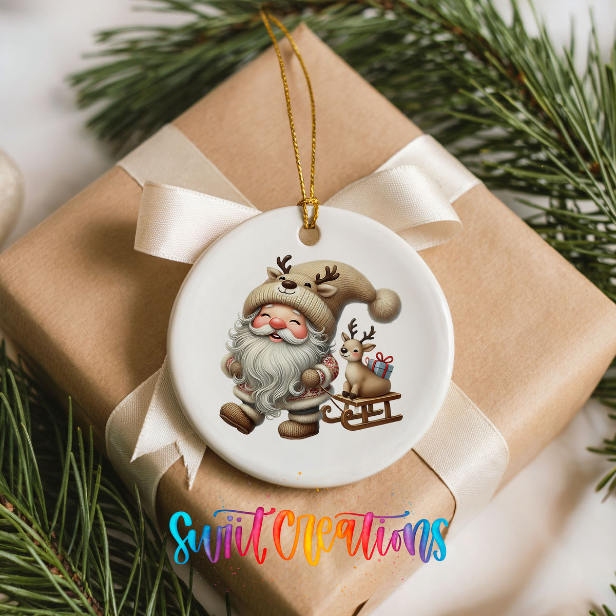 Santa pulling a reindeer sled ceramic Christmas ornament arranged on a wrapped Christmas gift