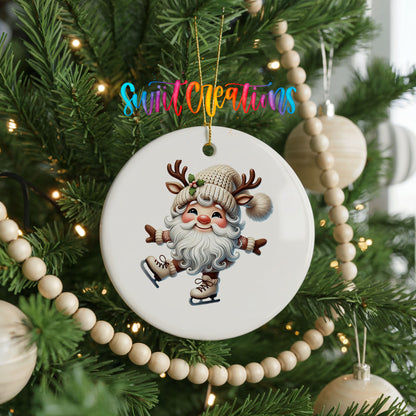 Santa ice skating ceramic Christmas ornament hanging on a decorated Christmas tree