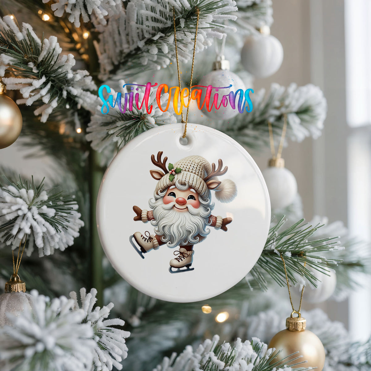Santa ice skating ceramic Christmas ornament hanging on a frosted Christmas tree