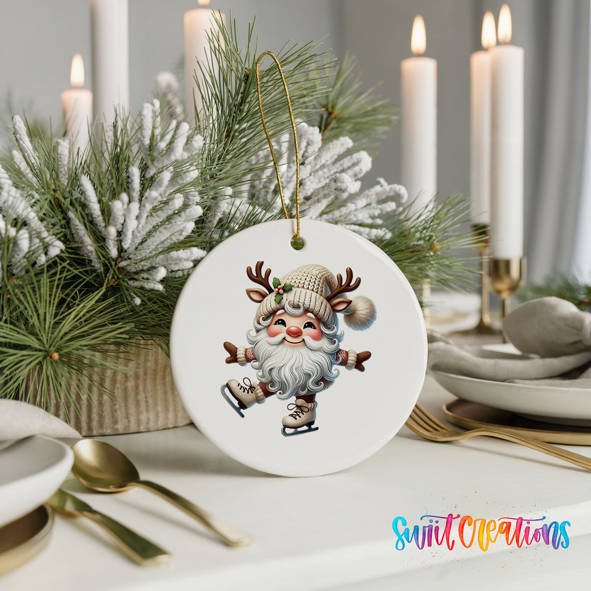 Santa ice skating ceramic Christmas ornament displayed with elegant holiday table decor