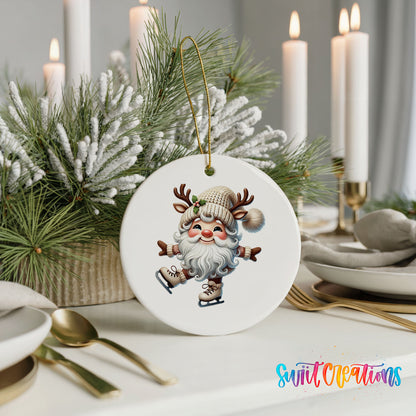 Santa ice skating ceramic Christmas ornament displayed with elegant holiday table decor