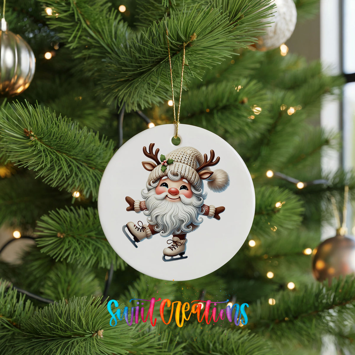 Santa ice skating ceramic Christmas ornament hanging on a green Christmas tree