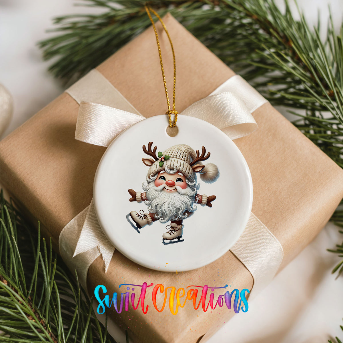 Santa ice skating ceramic Christmas ornament arranged on a wrapped Christmas gift