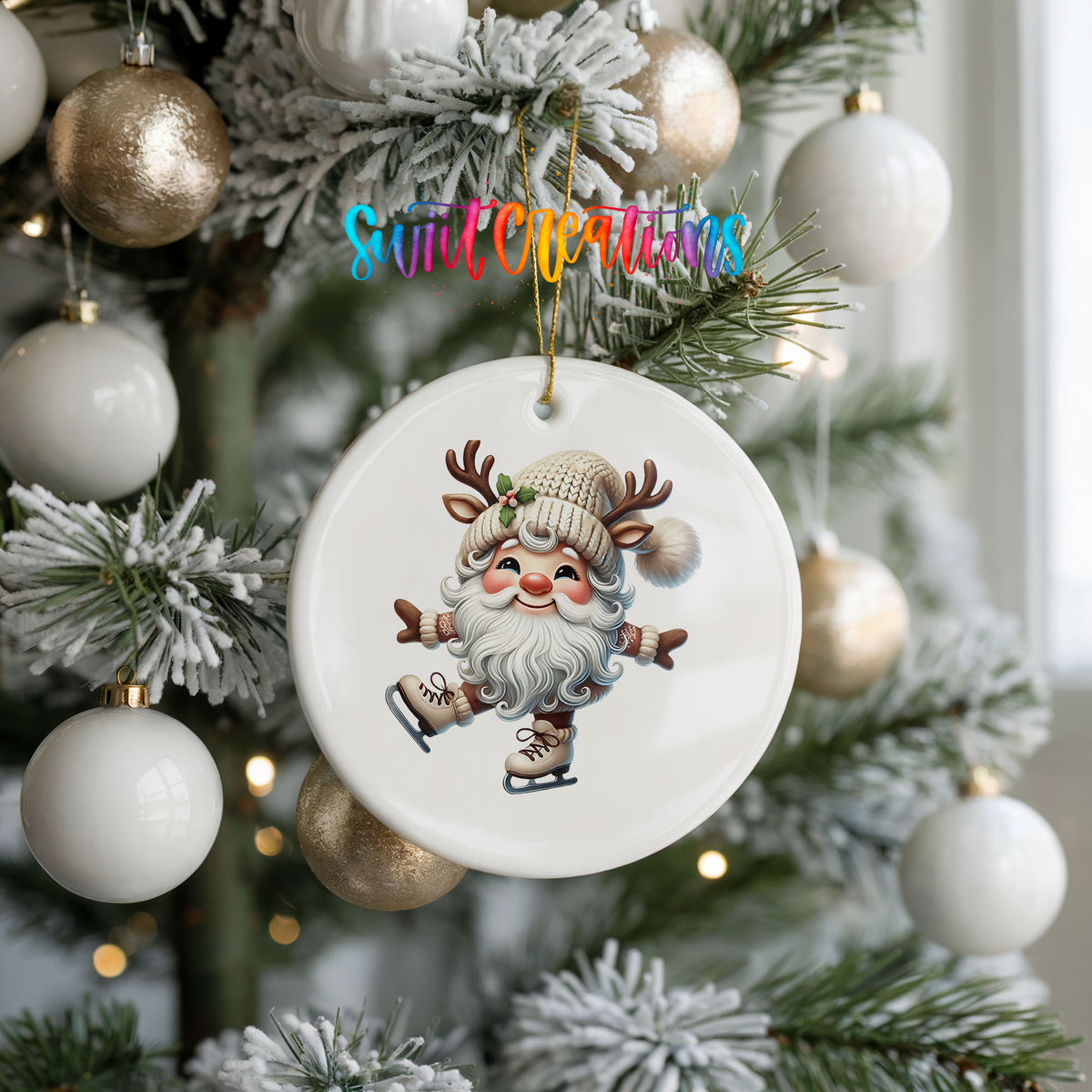 Santa ice skating ceramic Christmas ornament hanging on a frosted holiday tree
