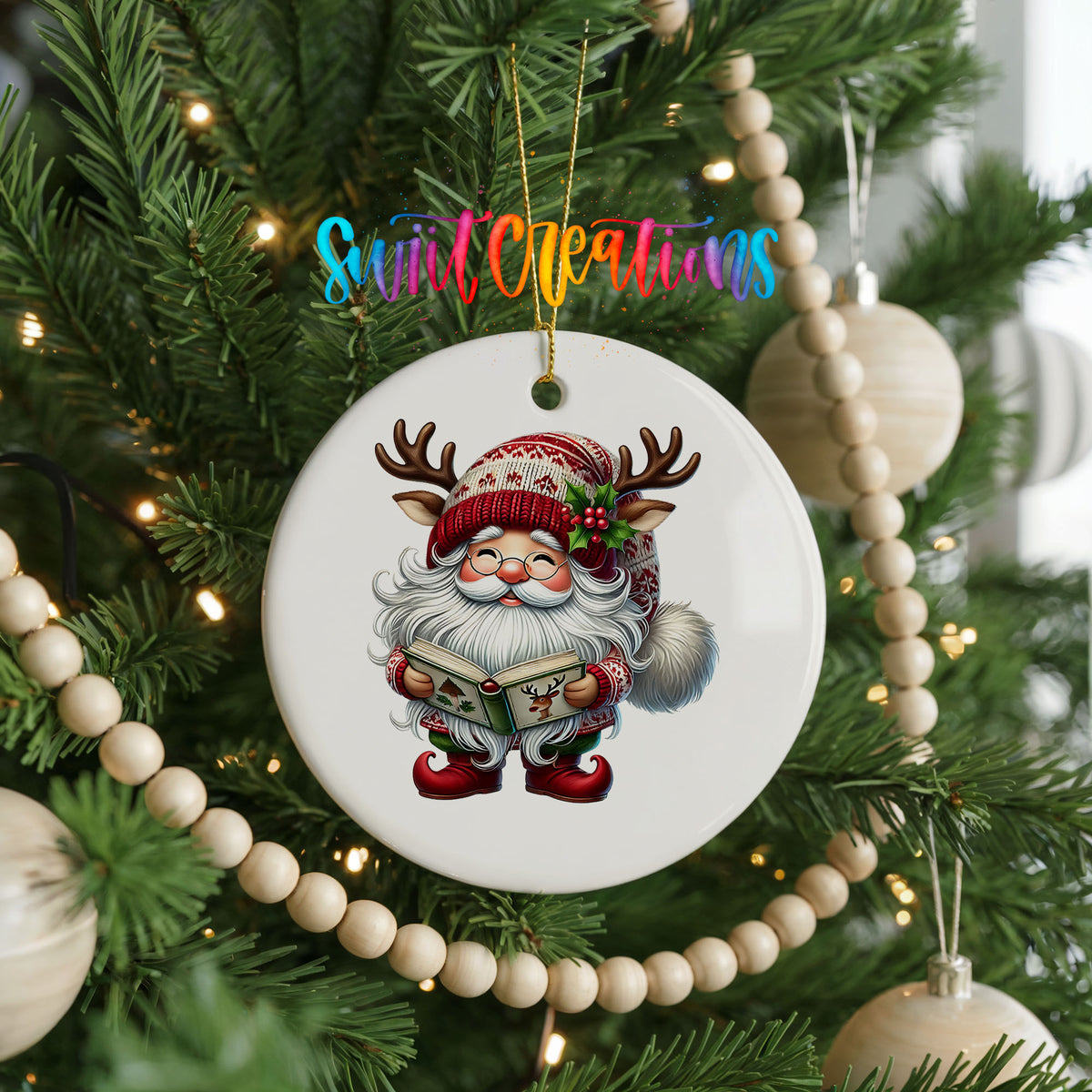Santa reading a Christmas story ceramic ornament hanging on a decorated Christmas tree