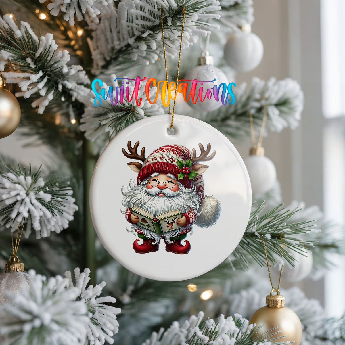 Santa reading a Christmas story ceramic ornament hanging on a frosted Christmas tree