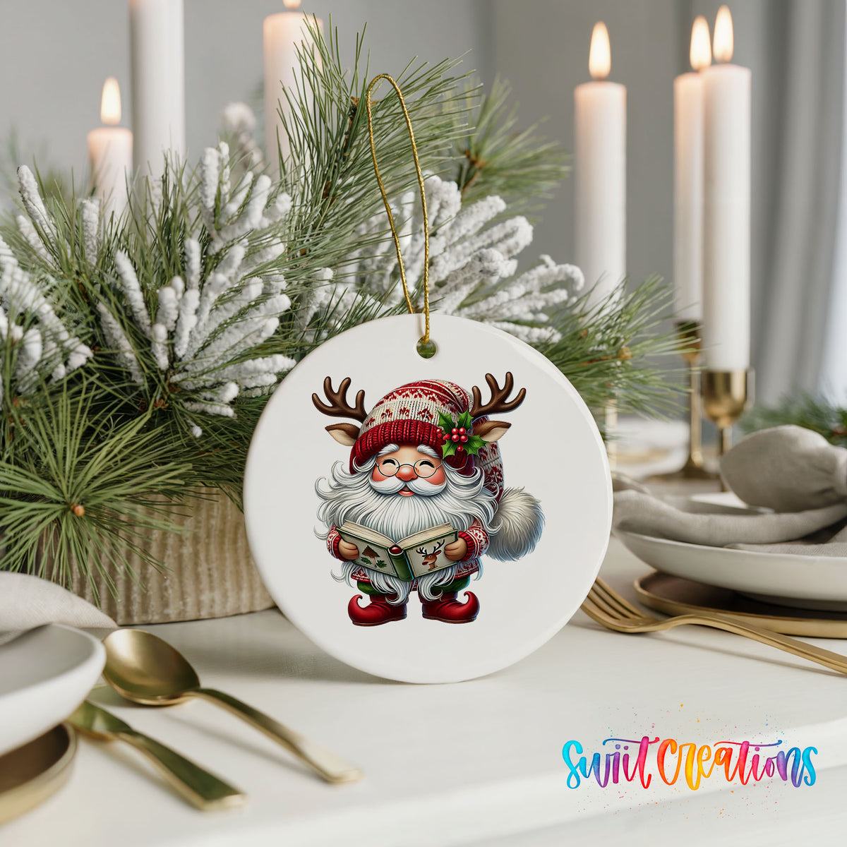Santa reading a Christmas story ceramic ornament displayed with elegant holiday table decor