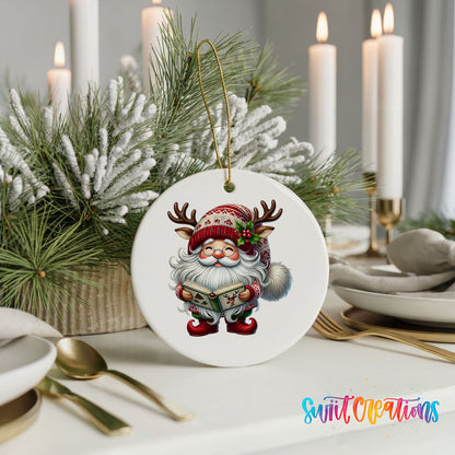 Santa reading a Christmas story ceramic ornament displayed with elegant holiday table decor