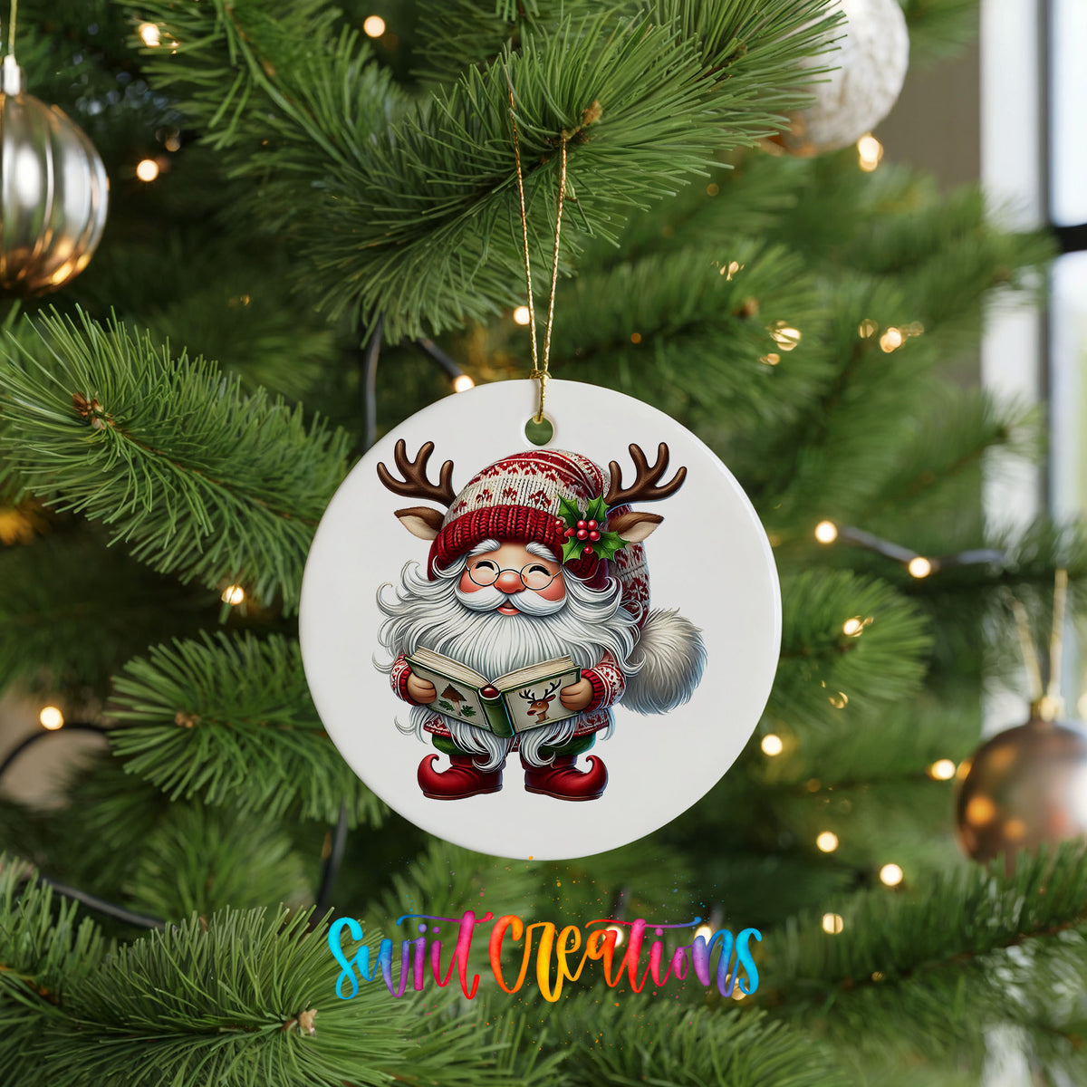 Santa reading a Christmas story ceramic ornament hanging on a green Christmas tree