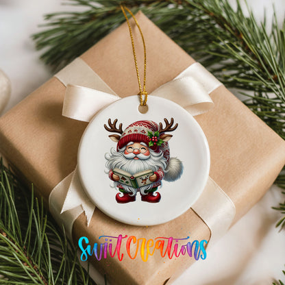 Santa reading a Christmas story ceramic ornament arranged on a wrapped Christmas gift