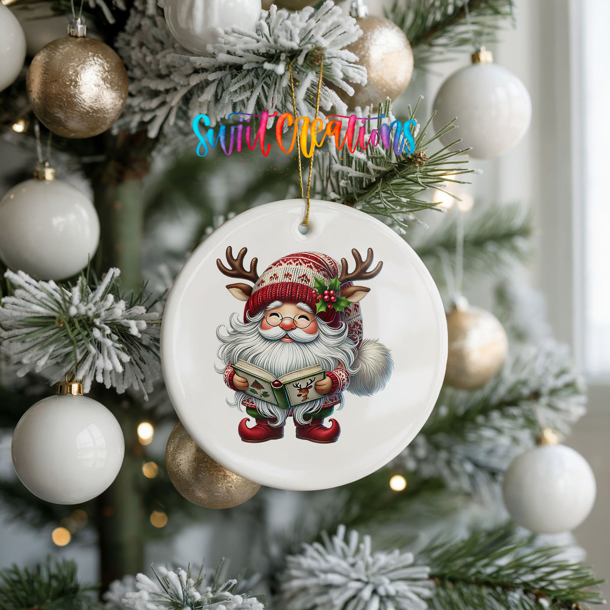 Santa reading a Christmas story ceramic ornament hanging on a frosted holiday tree