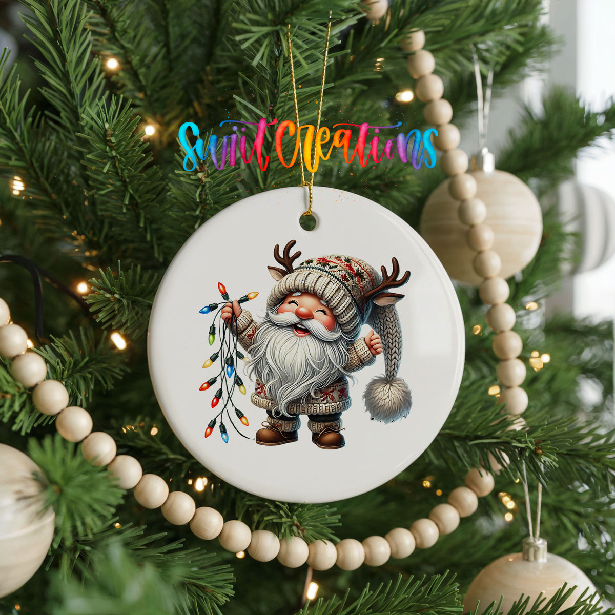 Santa holding colorful Christmas lights ceramic ornament hanging on a decorated Christmas tree
