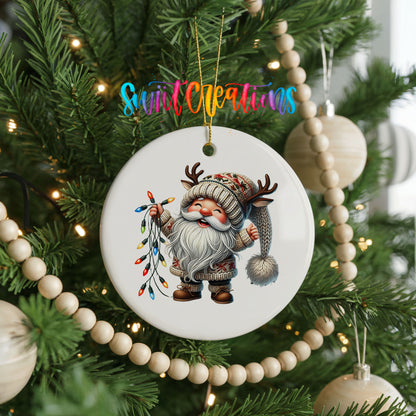 Santa holding colorful Christmas lights ceramic ornament hanging on a decorated Christmas tree