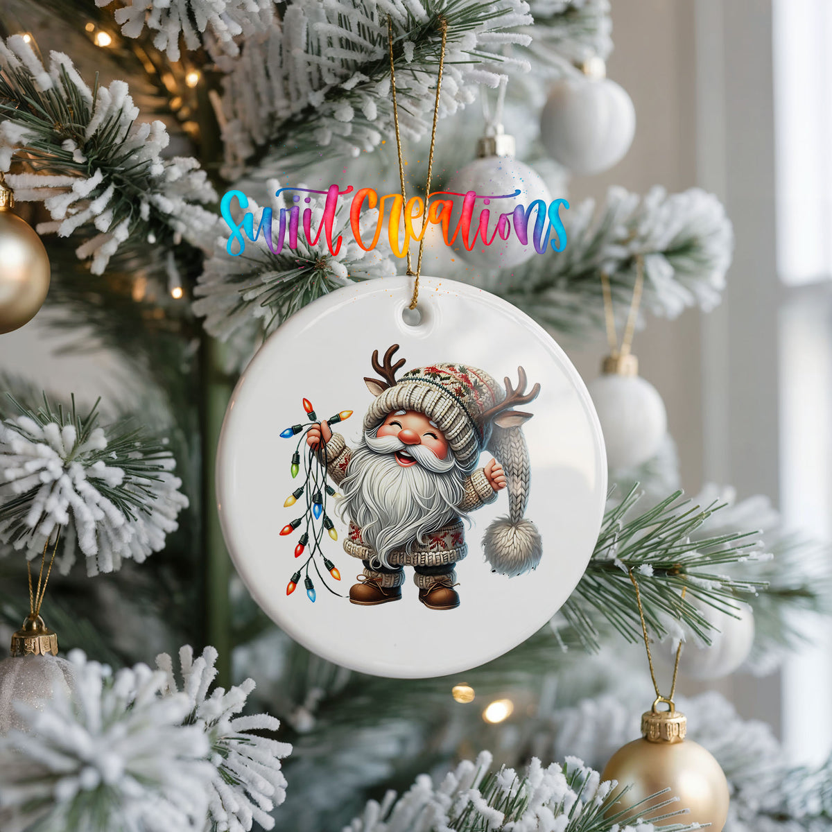Santa holding colorful Christmas lights ceramic ornament hanging on a frosted Christmas tree