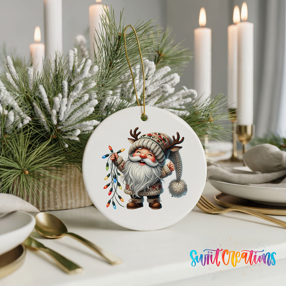 Santa holding colorful Christmas lights ceramic ornament displayed with elegant holiday table decor