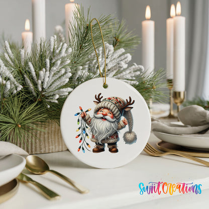 Santa holding colorful Christmas lights ceramic ornament displayed with elegant holiday table decor