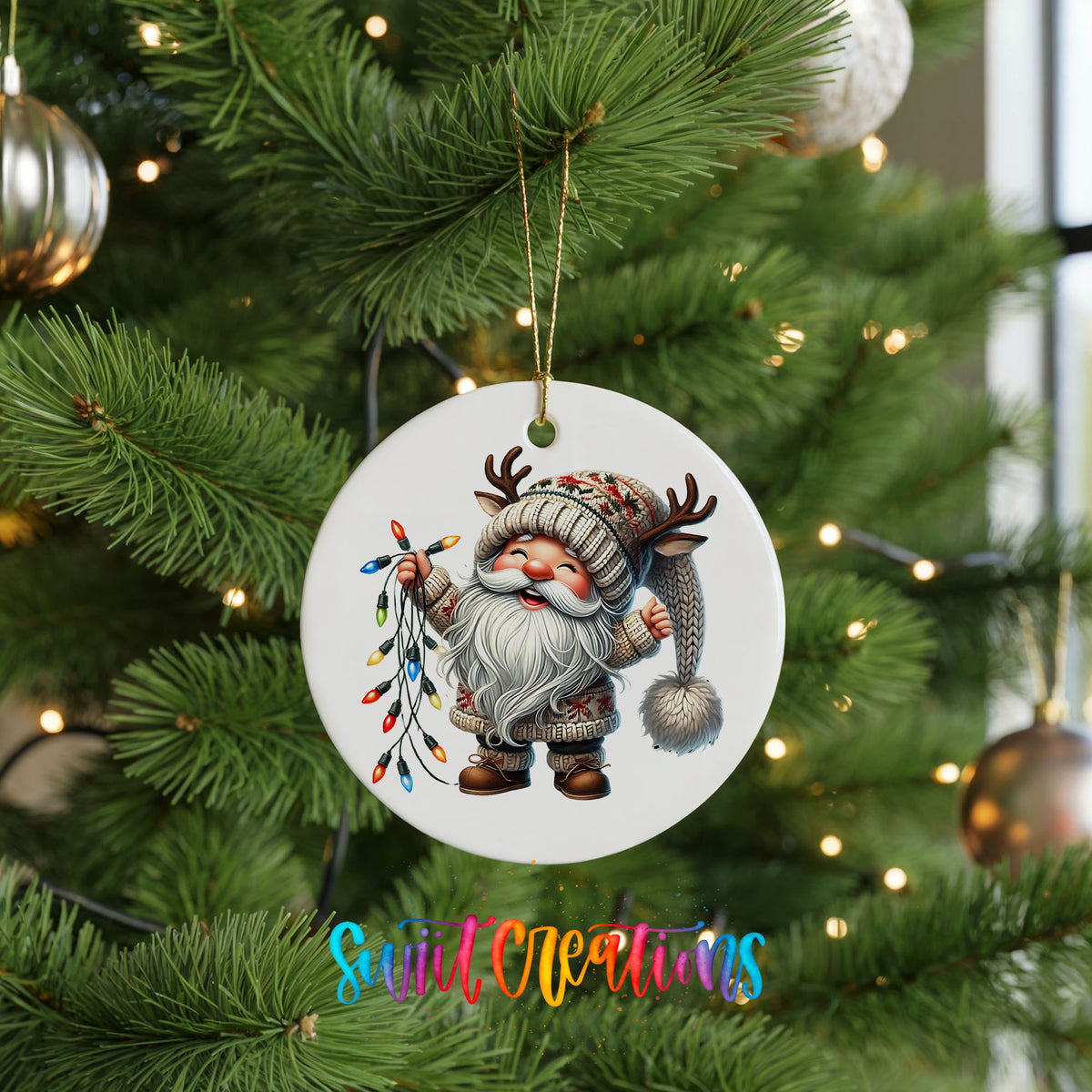 Santa holding colorful Christmas lights ceramic ornament hanging on a green Christmas tree