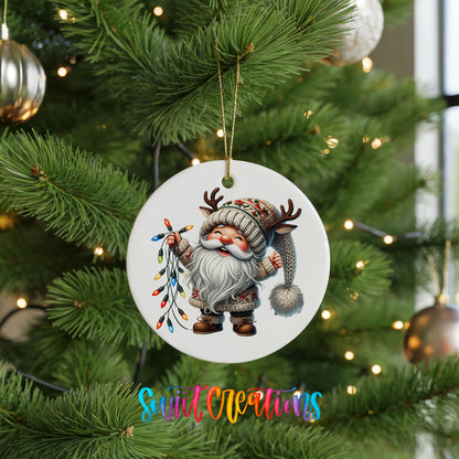 Santa holding colorful Christmas lights ceramic ornament hanging on a green Christmas tree