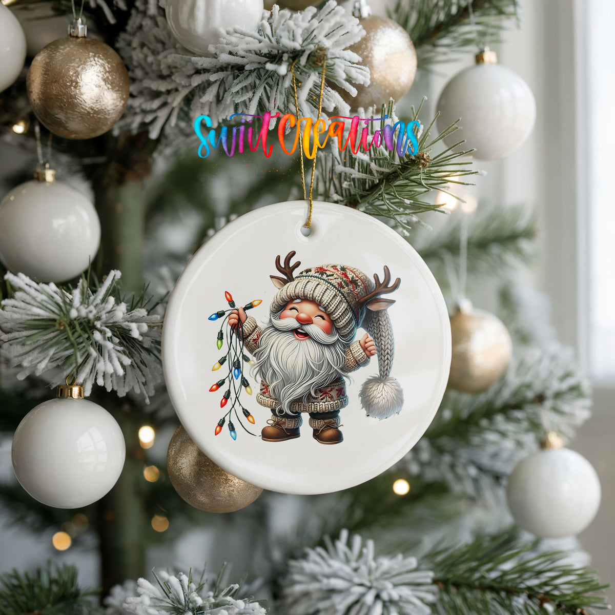 Santa holding colorful Christmas lights ceramic ornament hanging on a frosted holiday tree
