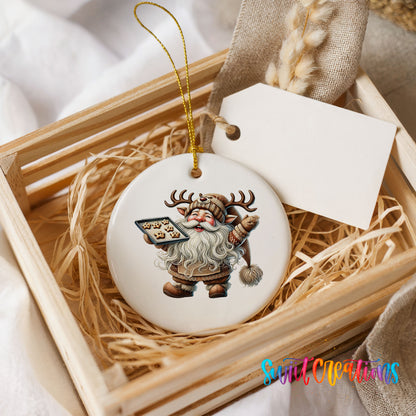 Santa checking his Christmas list ceramic Christmas ornament displayed in a rustic wooden gift crate