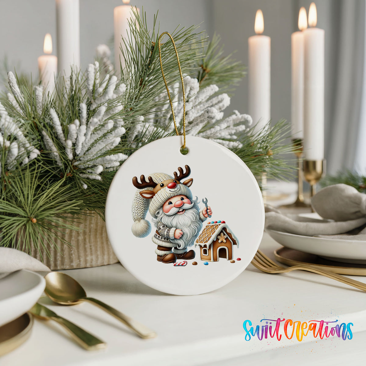 Santa decorating a gingerbread house ceramic Christmas ornament displayed with elegant holiday table decor