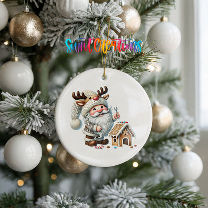 Santa decorating a gingerbread house ceramic Christmas ornament hanging on a frosted holiday tree