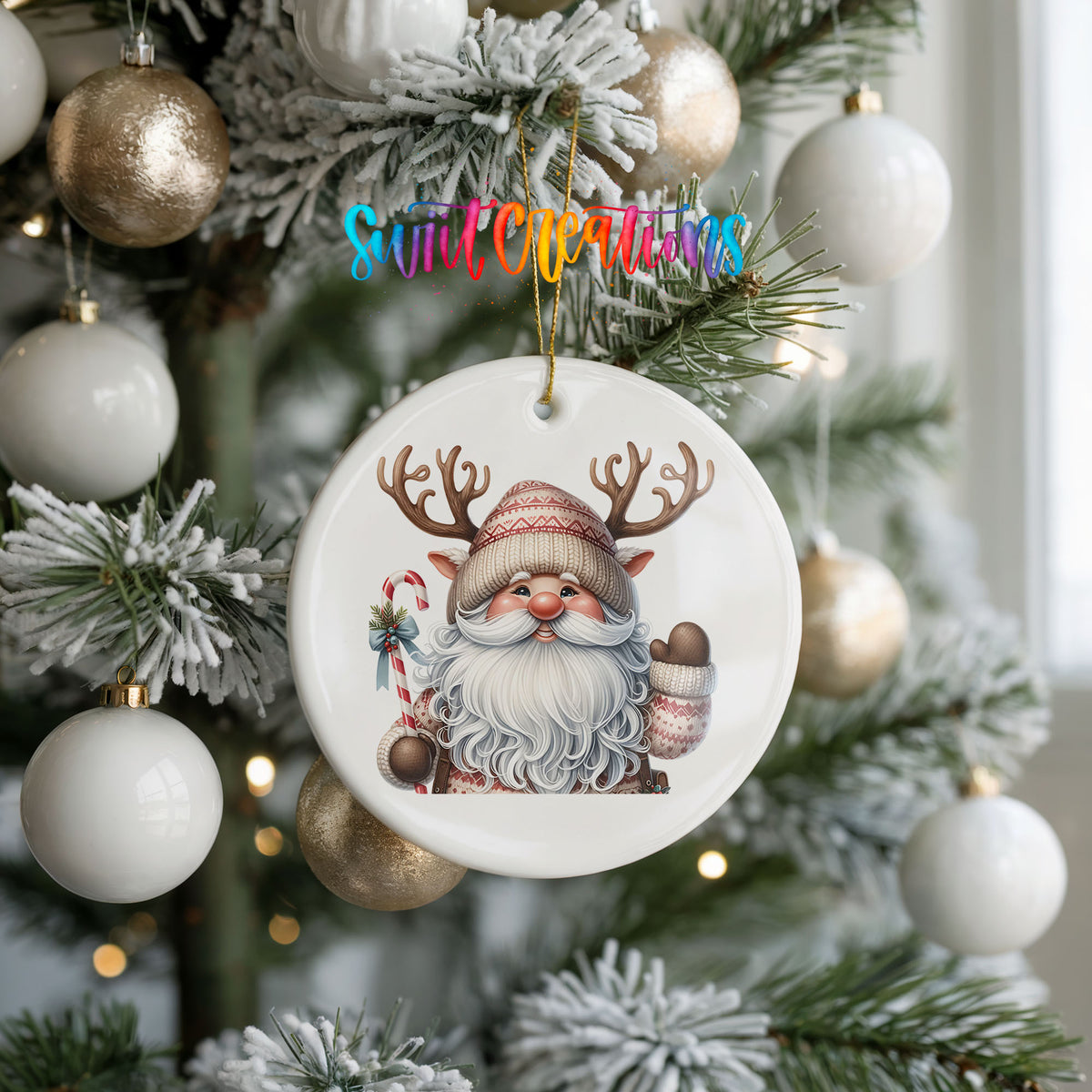 Round ceramic Christmas ornament featuring Santa holding a candy cane and mug of cocoa, hanging on a frosted holiday tree
