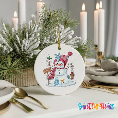 Round ceramic Christmas ornament featuring playful snowman dressed for a colorful winter snow day, styled with elegant holiday table decor