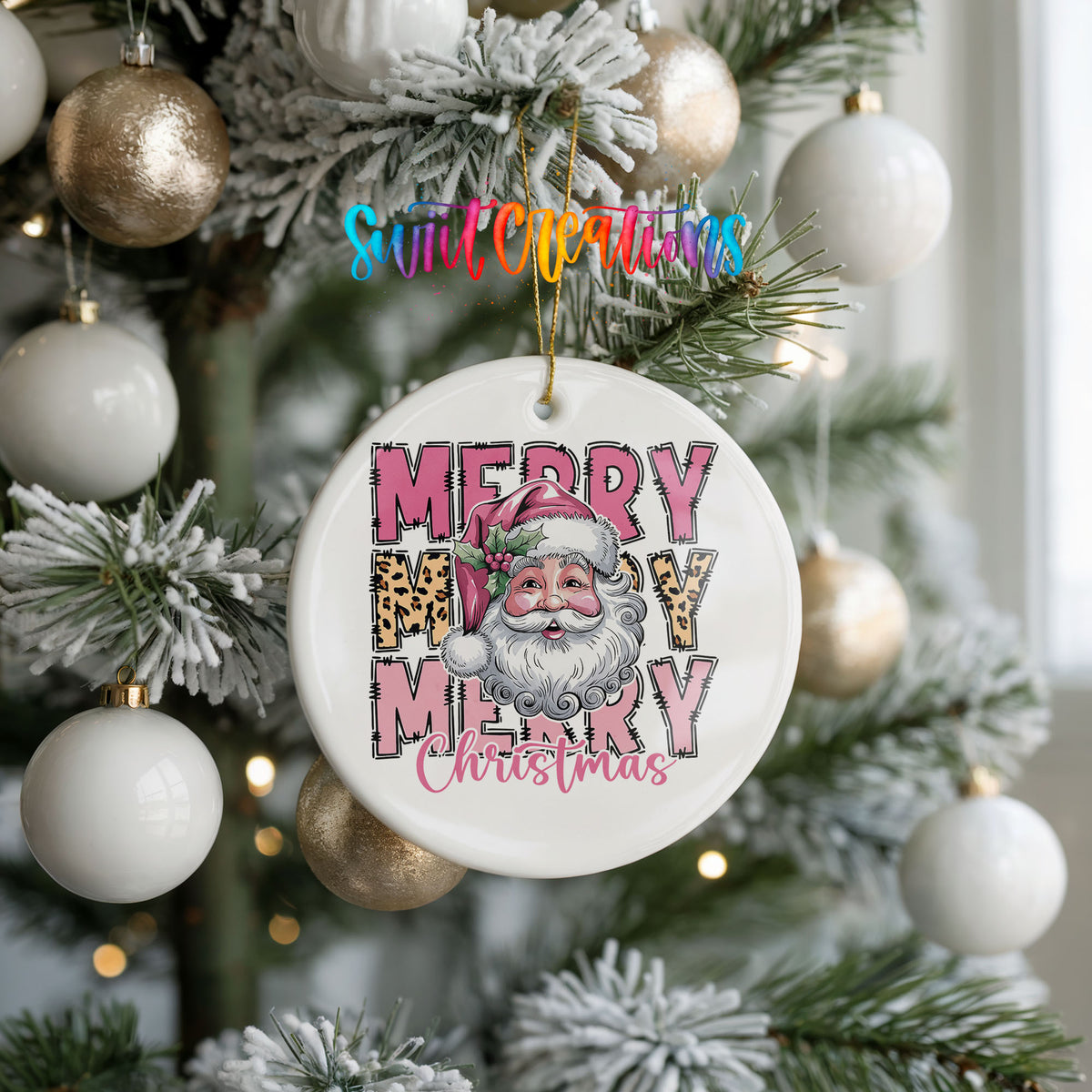Round ceramic Christmas ornament featuring stacked Merry Merry Merry Christmas lettering with Santa and leopard print accents, hanging on a frosted holiday tree