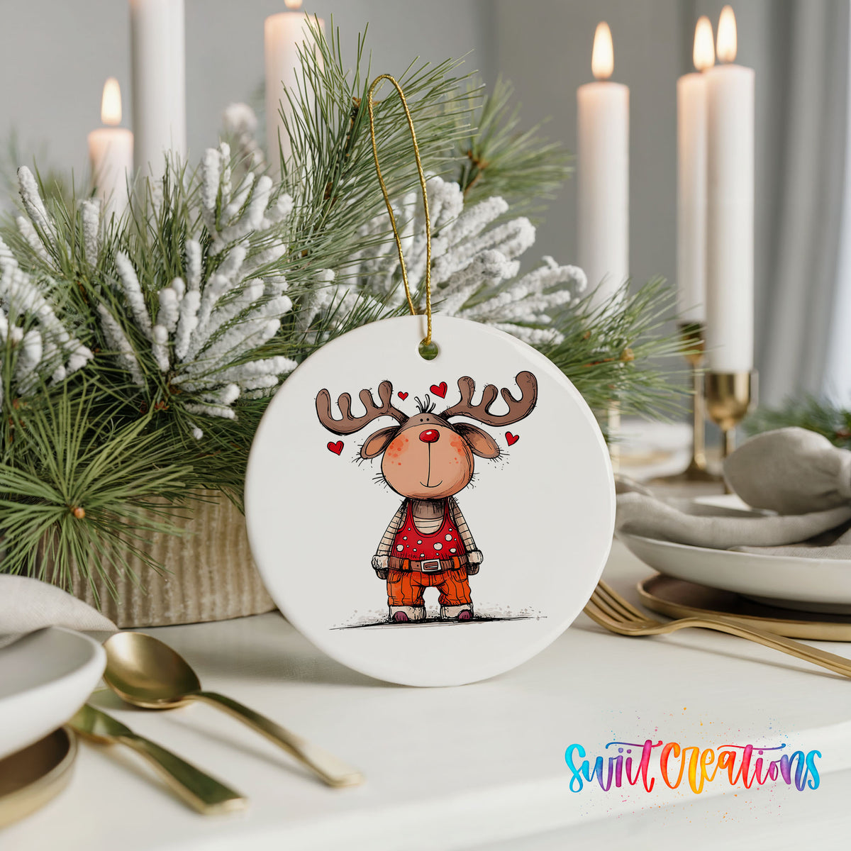 Reindeer Girl in Red Dress Christmas ornament styled with elegant holiday table decor