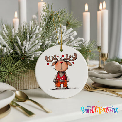Reindeer Girl in Red Dress Christmas ornament styled with elegant holiday table decor