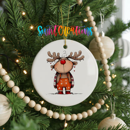Cute Reindeer in Orange Sweater Christmas ornament hanging on a decorated Christmas tree
